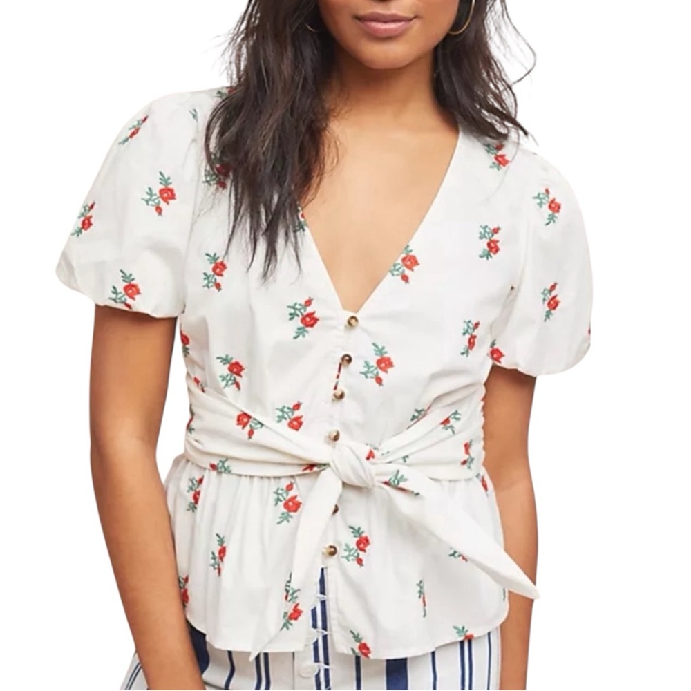 Anthropologie White Floral Tie-Waist Blouse with Red Roses